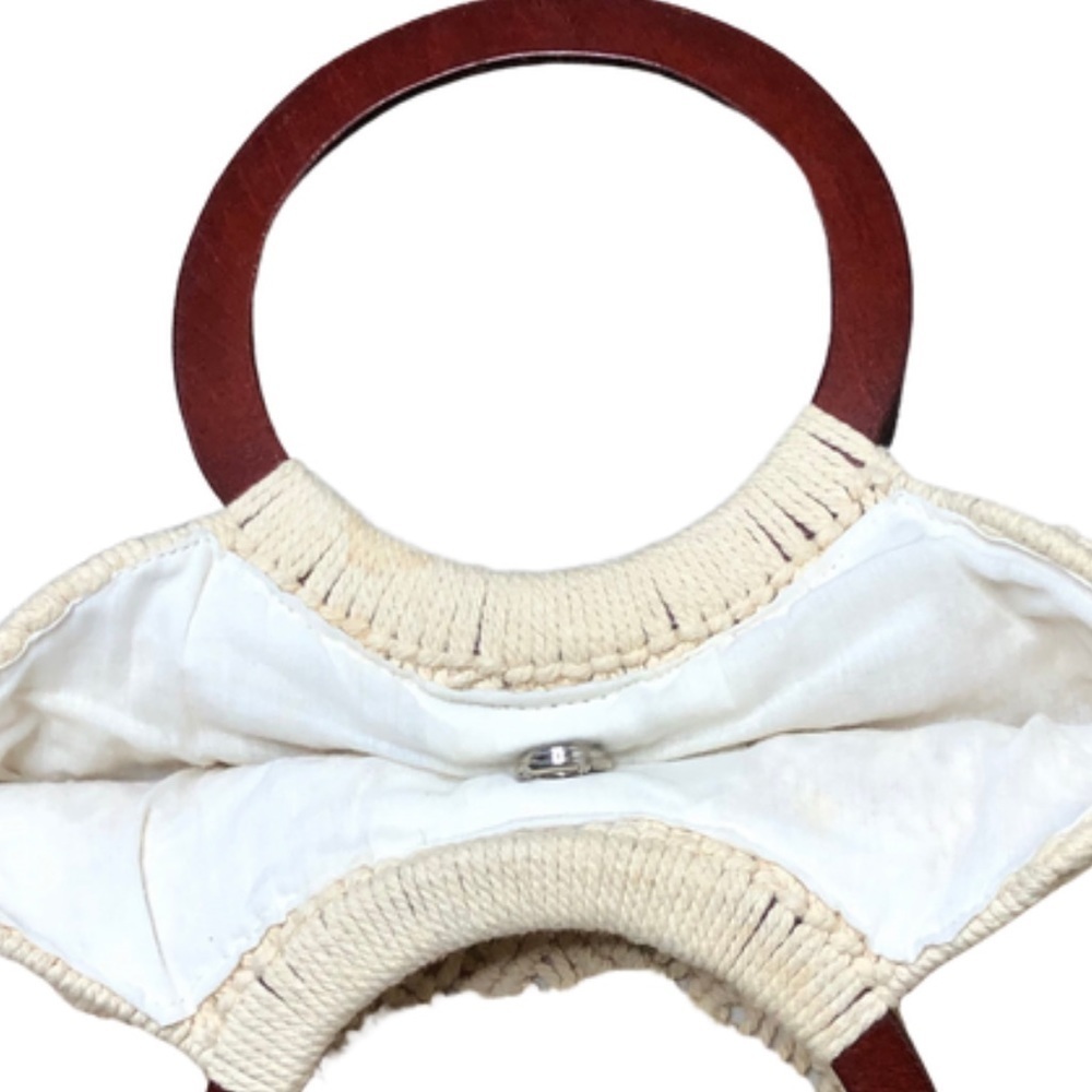 Bohemian Macrame Tote Bag Wooden Ring Handles Cream Knitted Shoulder Bag - Picture 11 of 13
